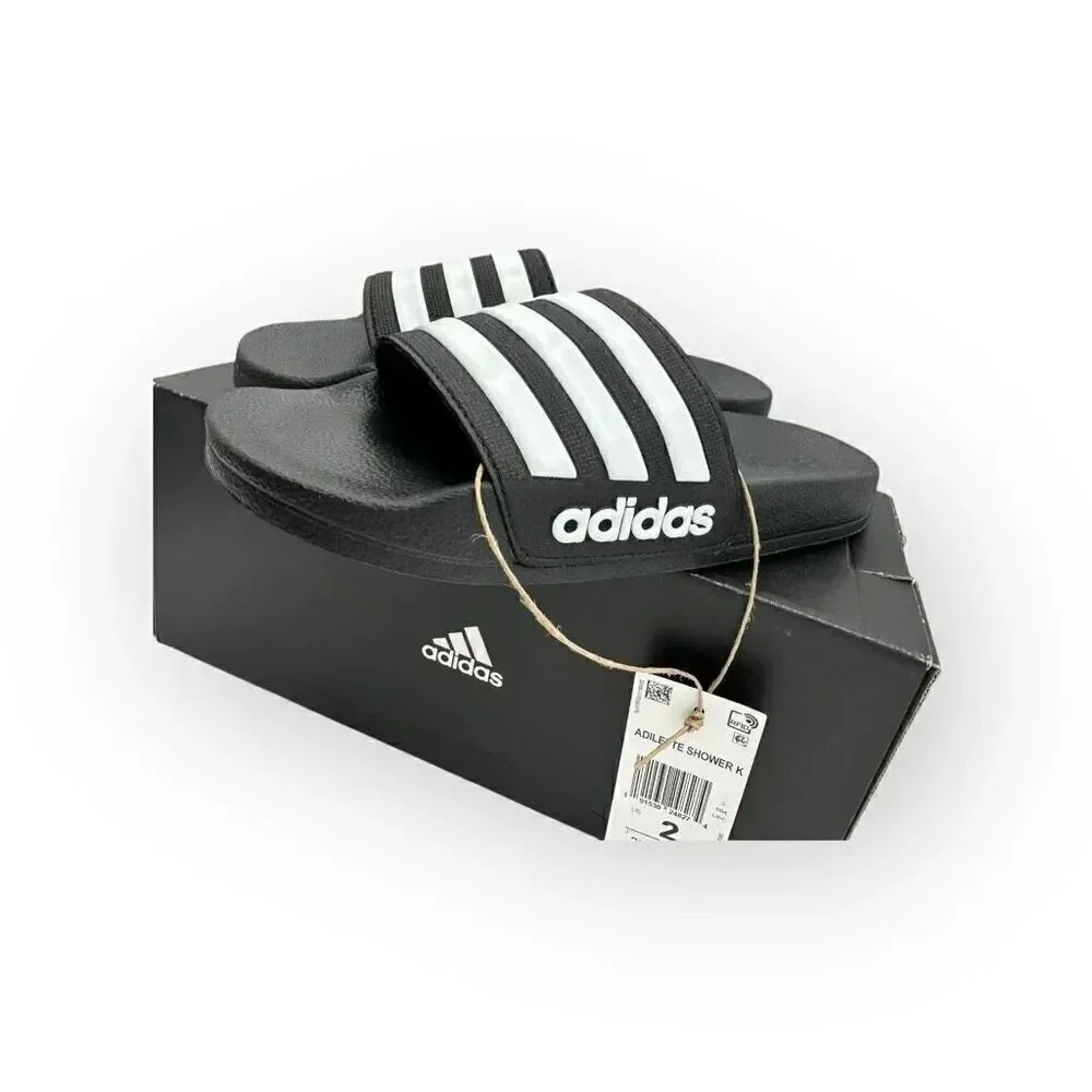 NWT Adidas Kids Adilette Shower K Comfort Slide Black White Size 2